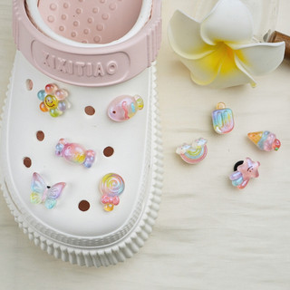 Bộ 9 Sticker, Charm 3D chủ đề Kem cá cầu vồng nhựa cứng gắn Dép Sục, Cá sấu JB-437 Mita