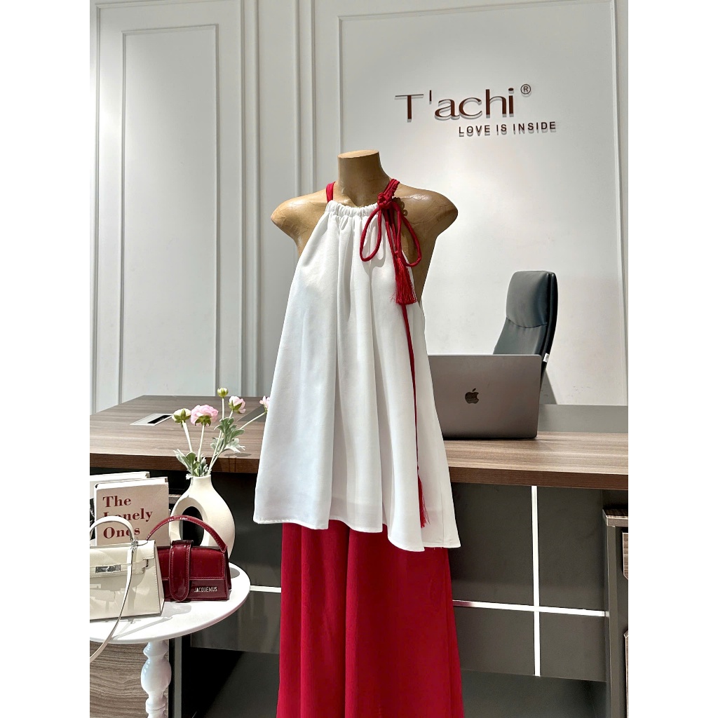 Set Áo Yếm Voan Suông Trắng Cột Dây Chuông Đỏ Kèm Quần Lụa Suông Đỏ Dài Mặc Tết_P181
