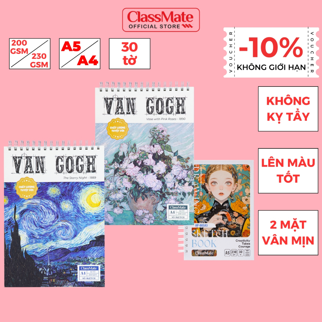 Sổ Vẽ Sketchbook 230GSM Van Gogh Giấy Có Vân, Không Kỵ Tẩy, Ăn Chì, Lên Màu Tốt, Sổ Vẽ Phác Thảo A4 A5 Bìa Cứng 30 Tờ