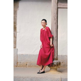 Đầm OLV suông tay bồng khoét vai Red Chiffon Puff Loose Dress dịu dàng phù hợp đi chơi lễ tết