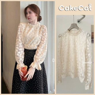(HÀNG QC) Áo sơ mi ren hoa nổi 2 lớp cổ viền bèo tay dài bo chun phong cách tiểu thư Hàn QuốcCakecat
