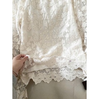 (HÀNG QC) Áo sơ mi ren hoa nổi 2 lớp cổ viền bèo tay dài bo chun phong cách tiểu thư Hàn QuốcCakecat