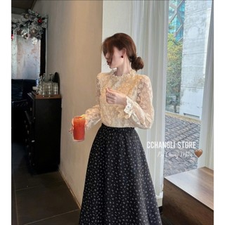 (HÀNG QC) Áo sơ mi ren hoa nổi 2 lớp cổ viền bèo tay dài bo chun phong cách tiểu thư Hàn QuốcCakecat