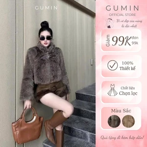 Áo khoác lông GUMIN thiết kế áo dáng ngắn phối khóa cài dây da sang trọng, Áo khoác thu đông nữ cá tính cao cấp