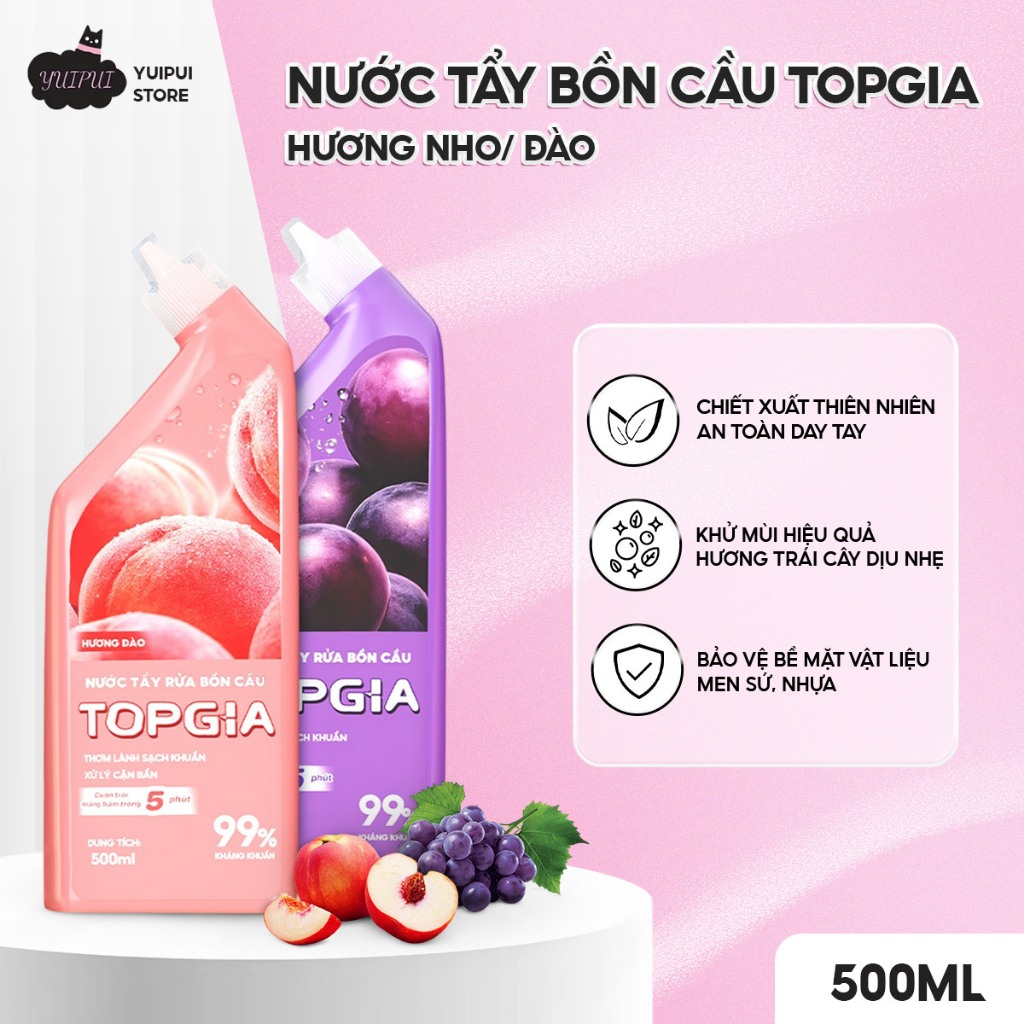 Nước Tẩy Bồn Cầu TOPGIA Hương Nho & Đào – Làm Sạch Nhanh, Khử Mùi Hiệu Quả (Chai 500ml)
