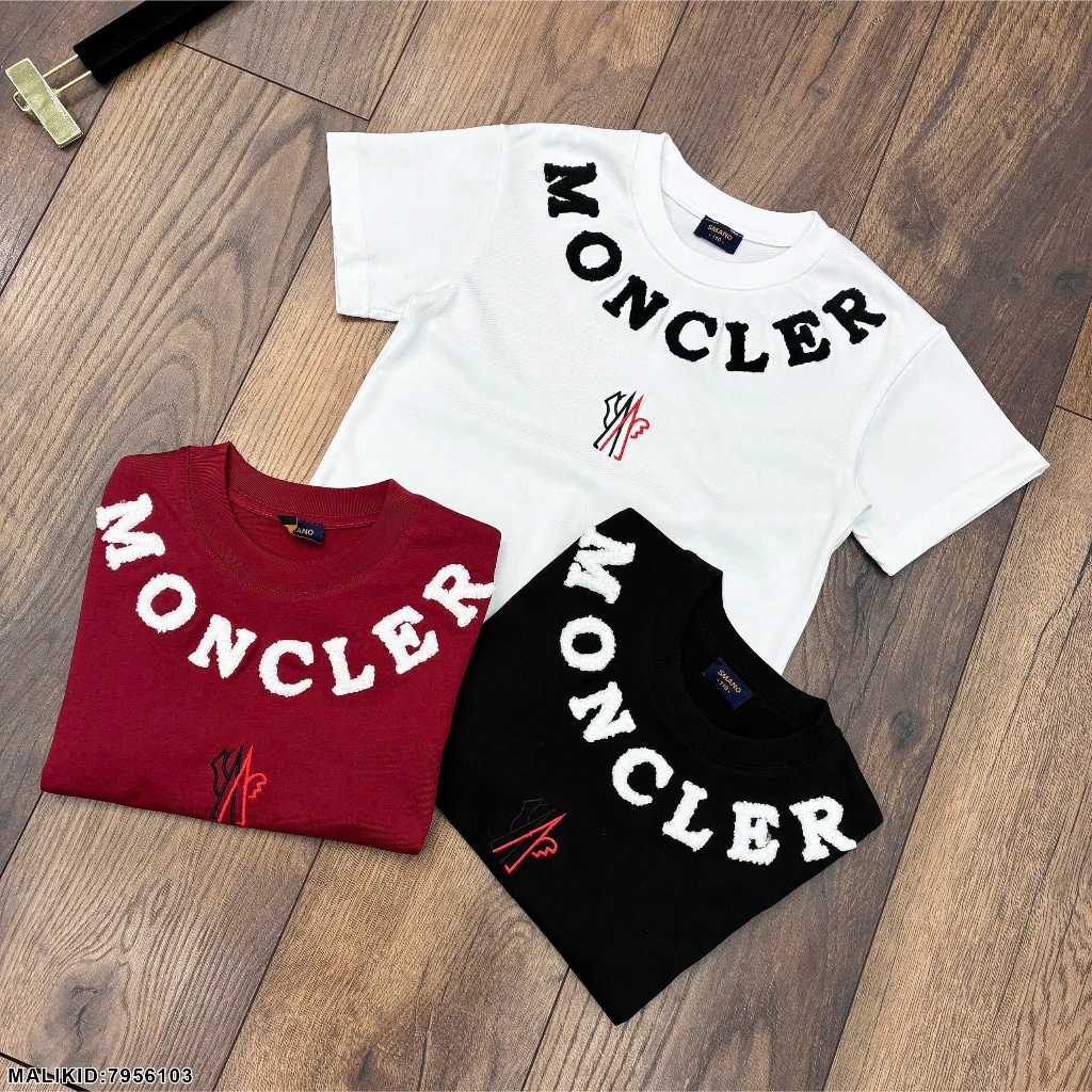 Áo thun cotton bé trai thêu chữ nổi mon cờ le hàng cao cấp-Áo phông ngắn tay bé trai in chữ viền cổ hàng siêu đẹp
