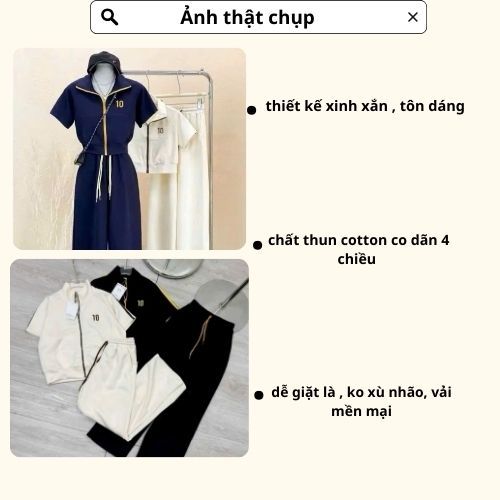 Đồ bộ nữ, set đồ nữ kiểu dáng năng động áo cotton có kéo khóa phối quần chun dây buộc 2 màu đen trắng Donna hcom25244