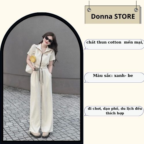 Đồ bộ nữ, set đồ nữ kiểu dáng năng động áo cotton có kéo khóa phối quần chun dây buộc 2 màu đen trắng Donna hcom25244
