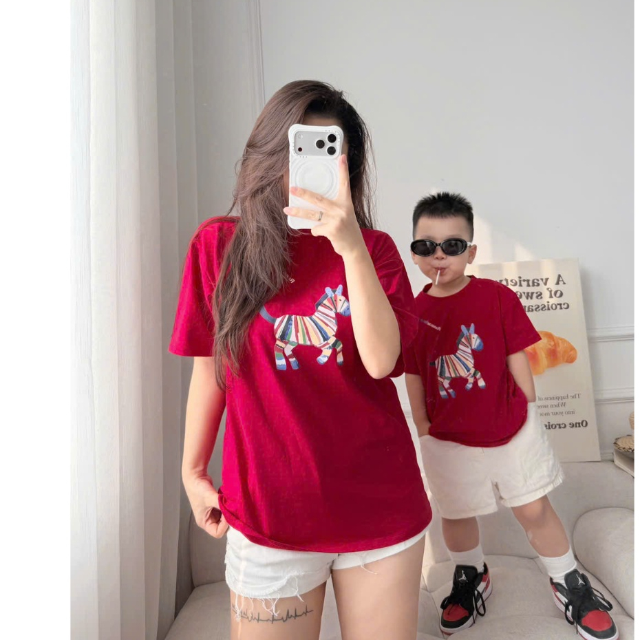 ÁO TẾT IN NGỰA MAY MẮN CHO CẢ GIA ĐÌNH, CHẤT COTTON MỀM MỊN, THẤM HÚT TỐT SIZE TỪ 8-80KG