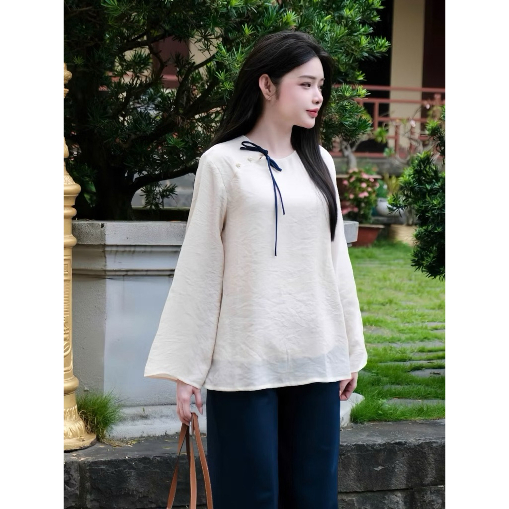 Đồ Lam Cao Cấp Bộ Pháp Phục Xô Linen Phối Quần Lụa Trượt Kết Nơ | Đồ Lam An Nhiên