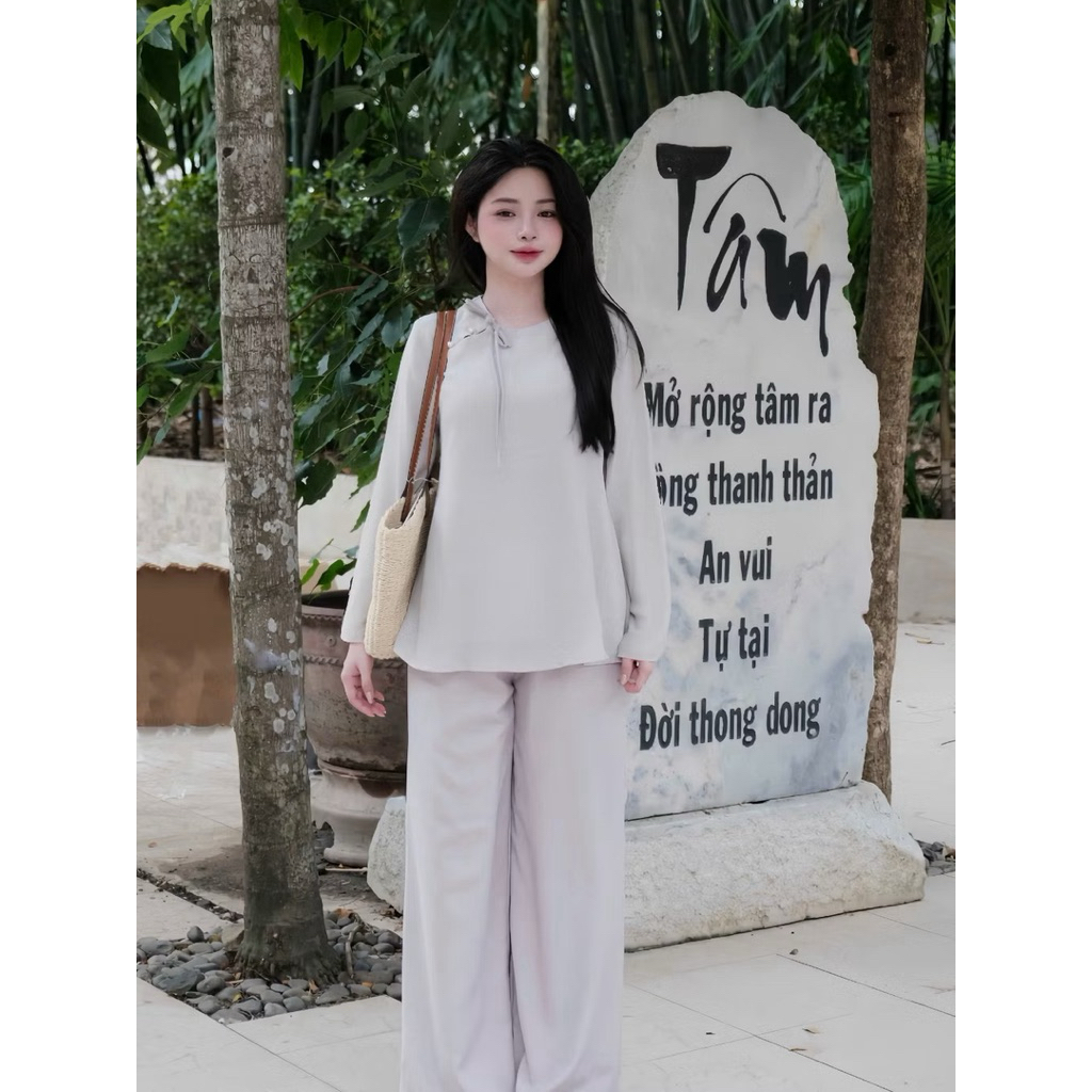 Đồ Lam Cao Cấp Bộ Pháp Phục Xô Linen Phối Quần Lụa Trượt Kết Nơ | Đồ Lam An Nhiên