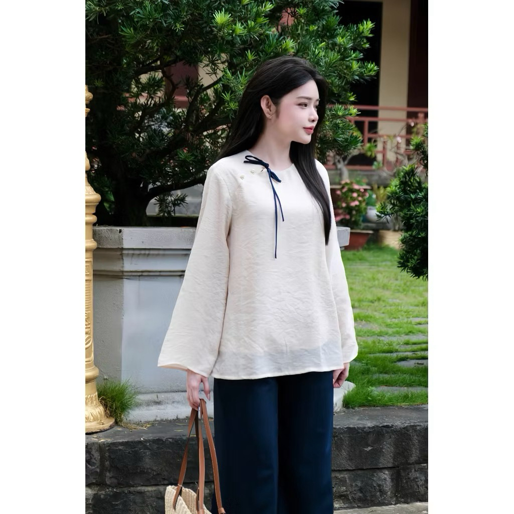 Đồ Lam Cao Cấp Bộ Pháp Phục Xô Linen Phối Quần Lụa Trượt Kết Nơ | Đồ Lam An Nhiên