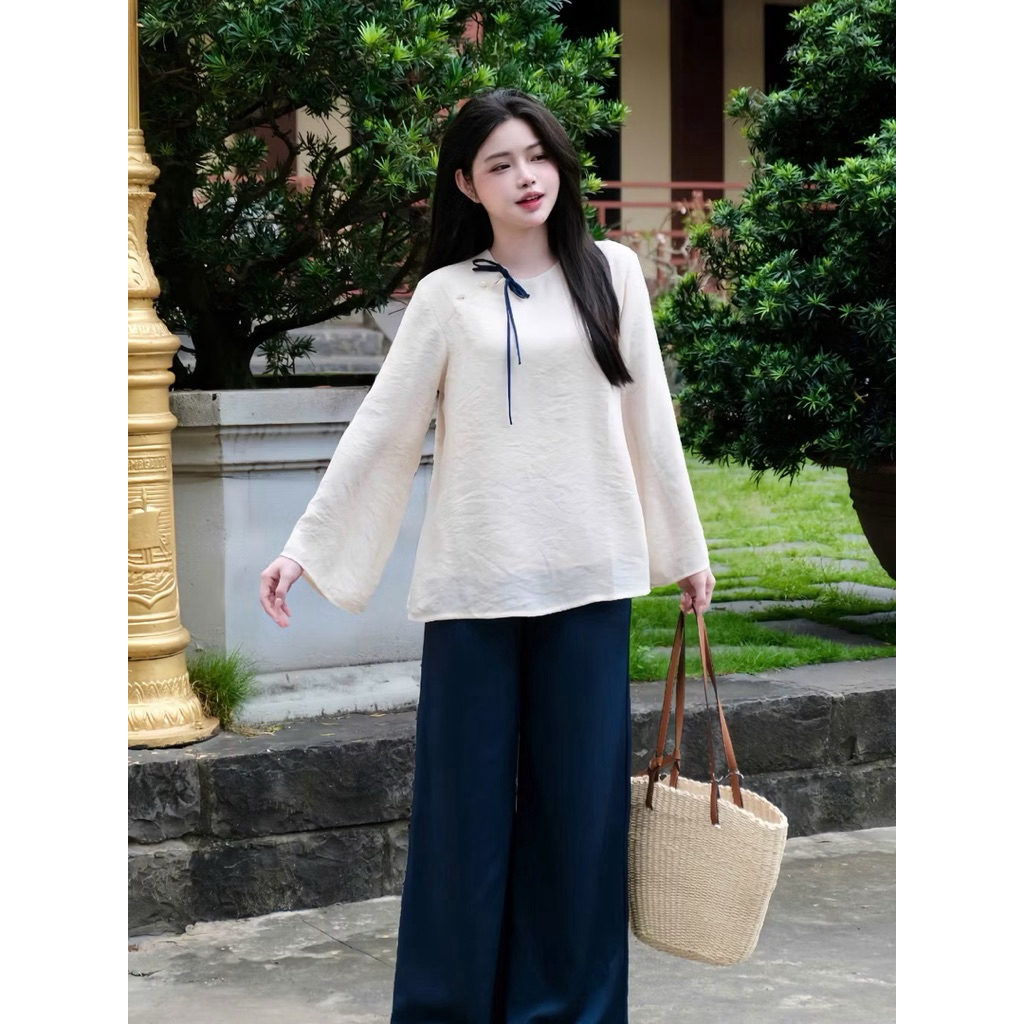 Đồ Lam Cao Cấp Bộ Pháp Phục Xô Linen Phối Quần Lụa Trượt Kết Nơ | Đồ Lam An Nhiên