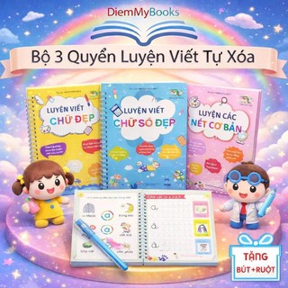 Bộ 3 Sách Luyện Viết Tự Xóa Cho Bé Luyện Chữ Đẹp Chữ Số Nét Cơ Bản Tặng Bút Định Vị Cho Bé 3–6 Tuổi