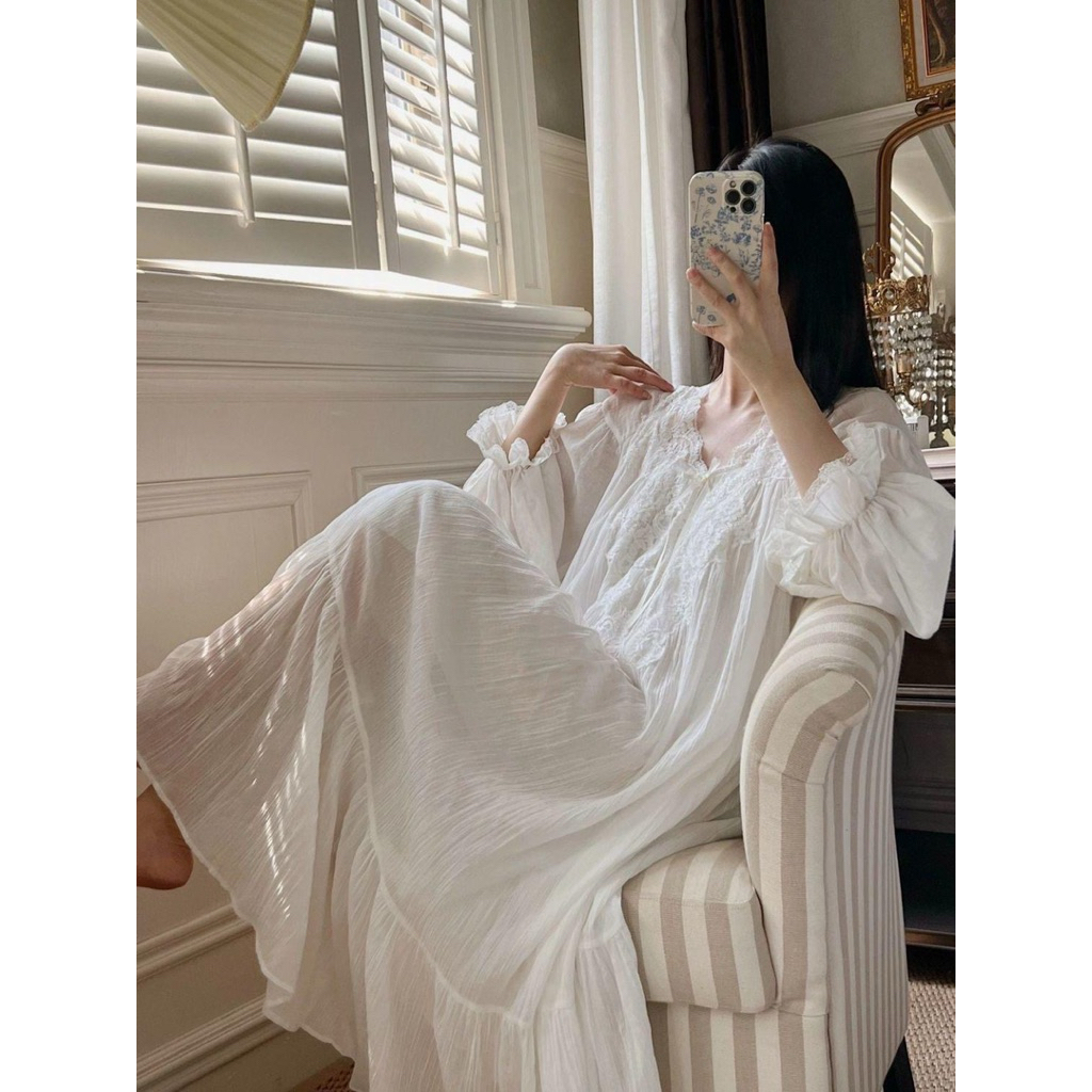 Đầm Ngủ Trắng Dáng Dài Phối Ren – Váy Ngủ Vintage Cotton Xô Nhẹ, Nữ Tính