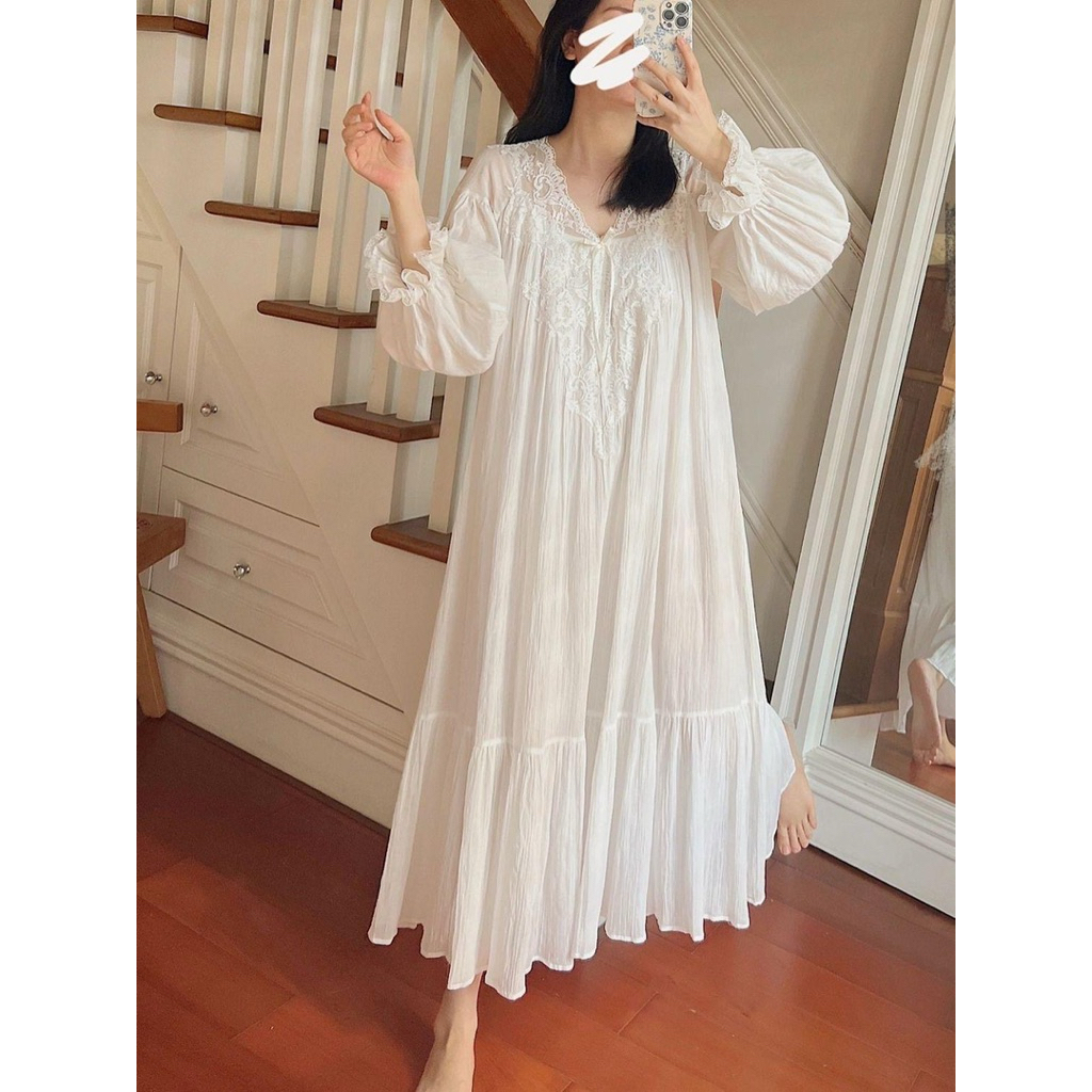 Đầm Ngủ Trắng Dáng Dài Phối Ren – Váy Ngủ Vintage Cotton Xô Nhẹ, Nữ Tính