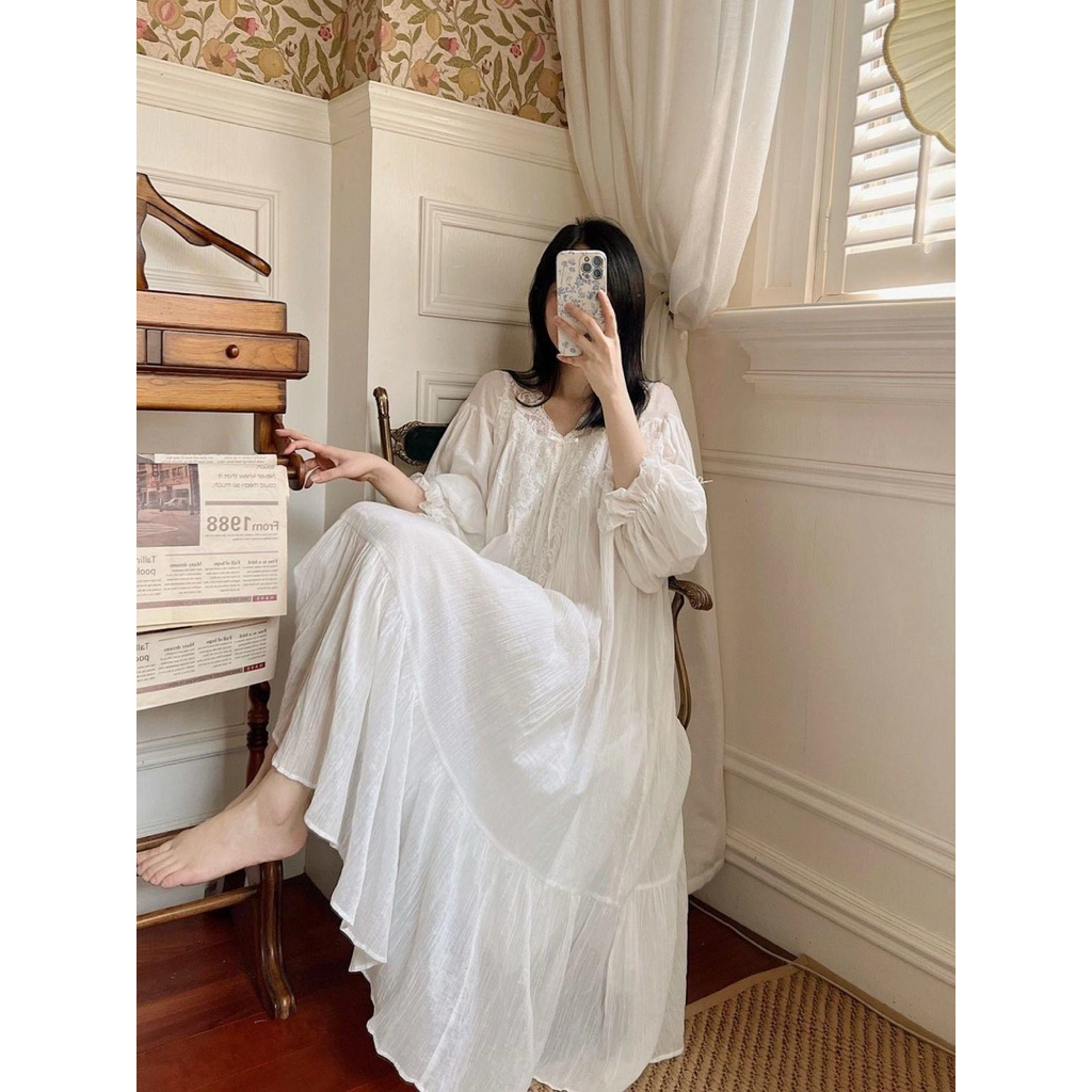 Đầm Ngủ Trắng Dáng Dài Phối Ren – Váy Ngủ Vintage Cotton Xô Nhẹ, Nữ Tính