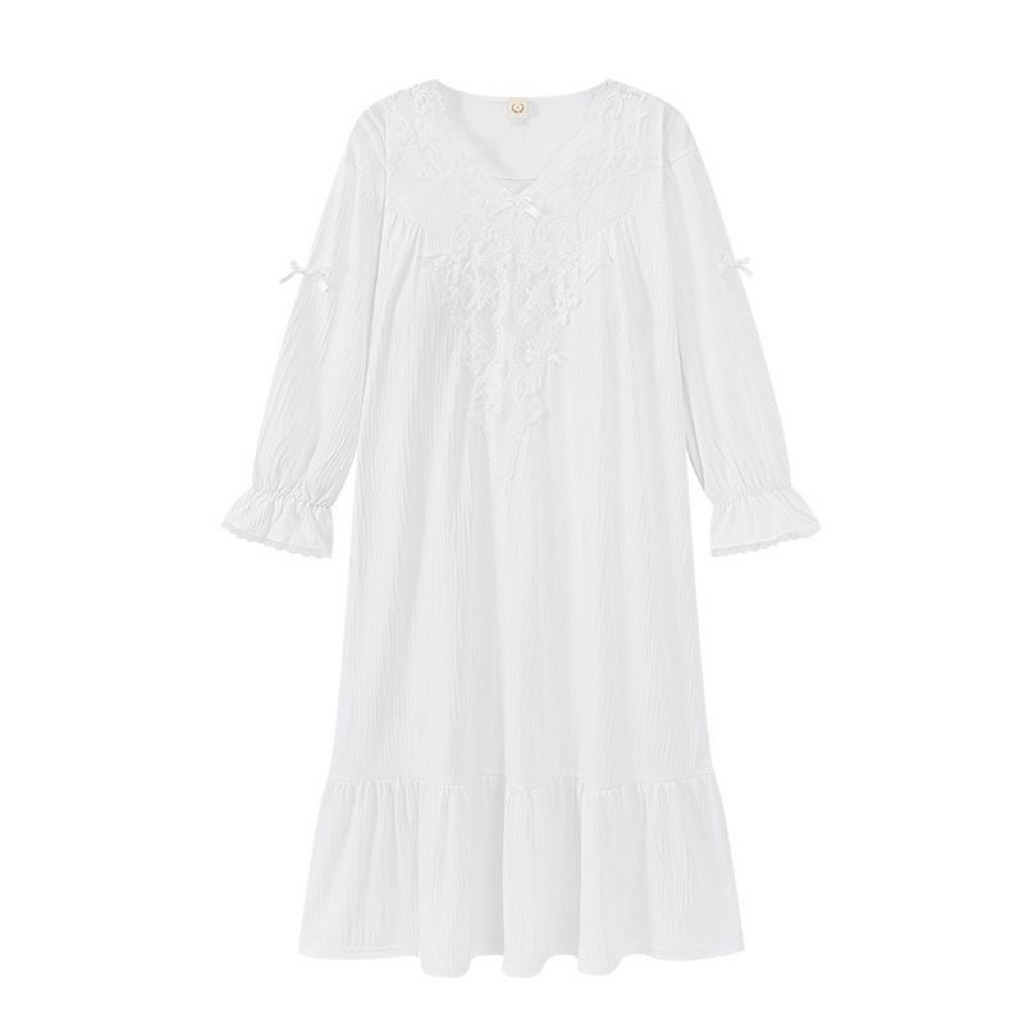 Đầm Ngủ Trắng Dáng Dài Phối Ren – Váy Ngủ Vintage Cotton Xô Nhẹ, Nữ Tính