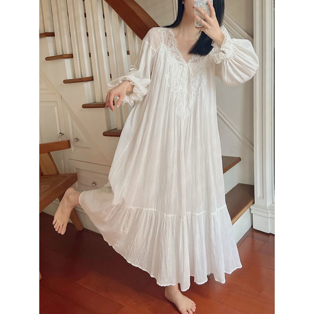 Đầm Ngủ Trắng Dáng Dài Phối Ren – Váy Ngủ Vintage Cotton Xô Nhẹ, Nữ Tính