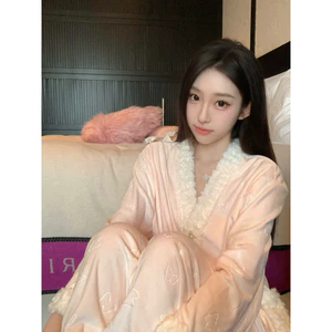 Set Đồ Ngủ Lụa Satin Nữ Phối Lông – Pijama Dài Tay Sang Trọng, Tiểu Thư