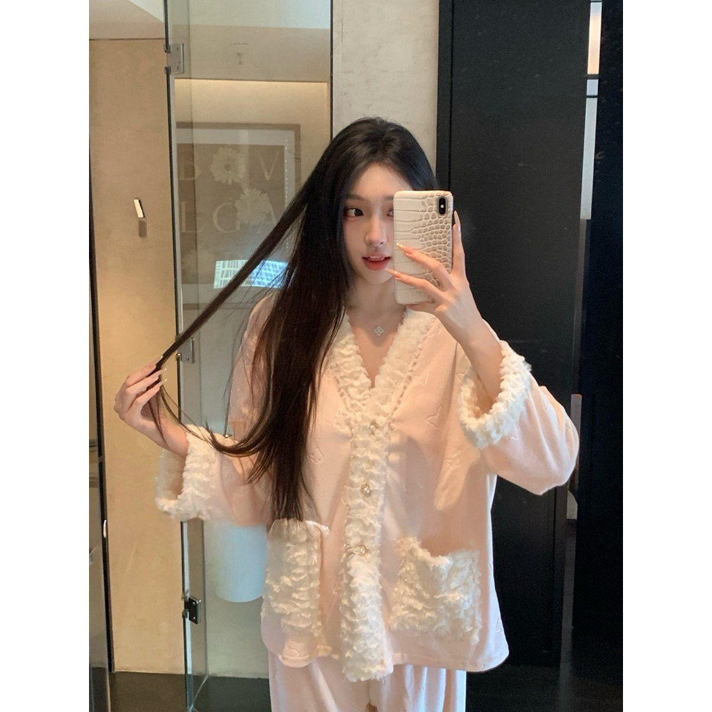Set Đồ Ngủ Lụa Satin Nữ Phối Lông – Pijama Dài Tay Sang Trọng, Tiểu Thư