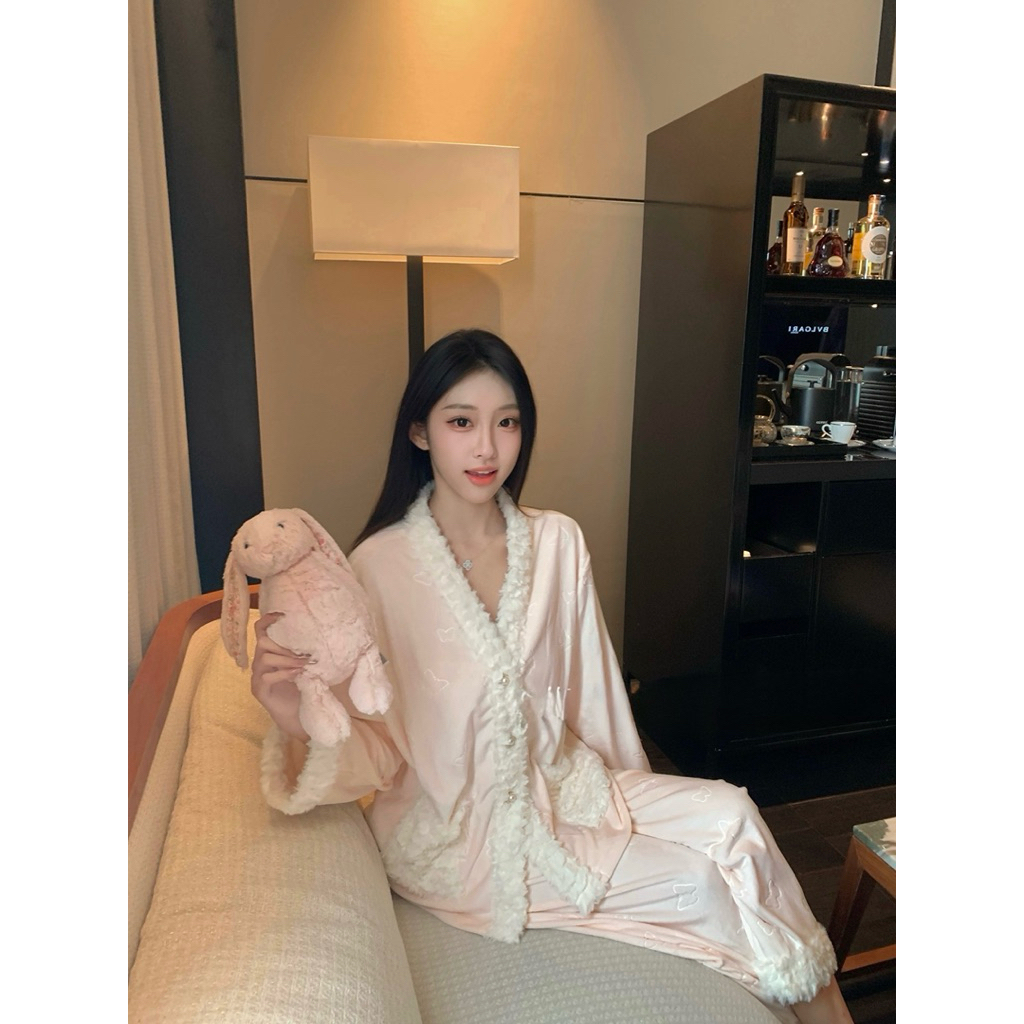 Set Đồ Ngủ Lụa Satin Nữ Phối Lông – Pijama Dài Tay Sang Trọng, Tiểu Thư