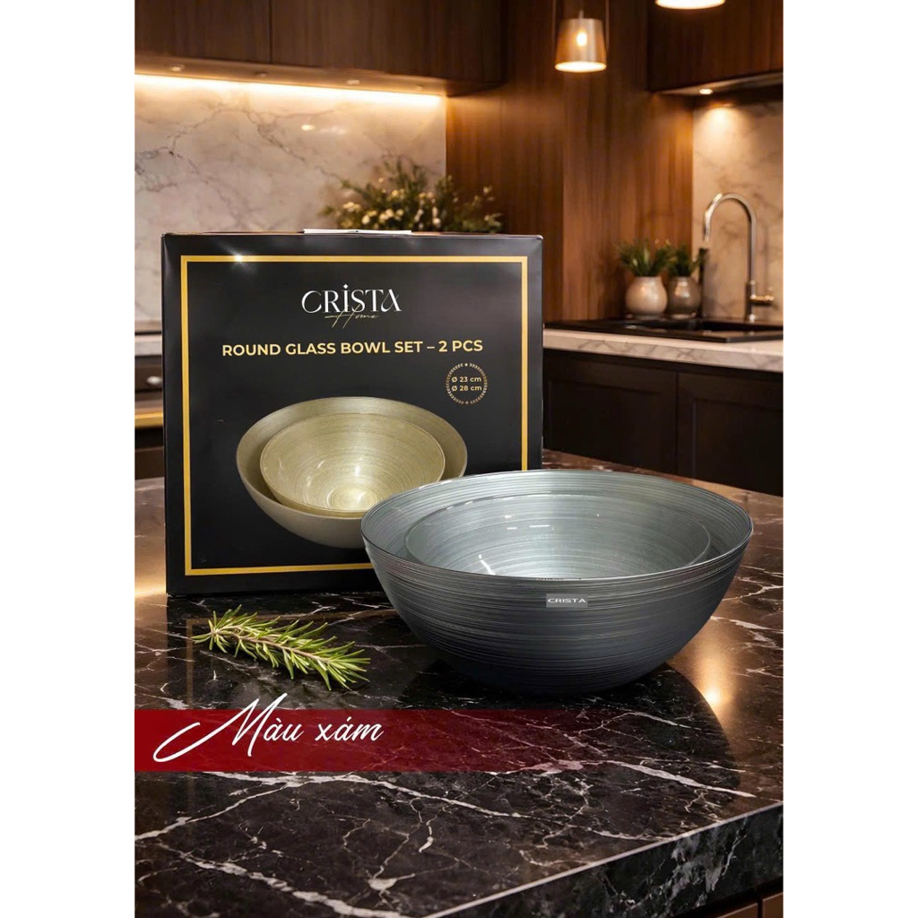 Bộ 2 Bát Thủy Tinh Tròn Crista Home 4.5L + 2.2L – Bát Tô Trộn Salad Cao Cấp Chuẩn Châu Âu