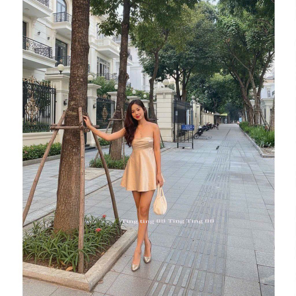 Váy Lụa Xếp Ly Ôm Ngực Xòe Cột Dây Sau Lưng, Khóa Kéo Bên Hông