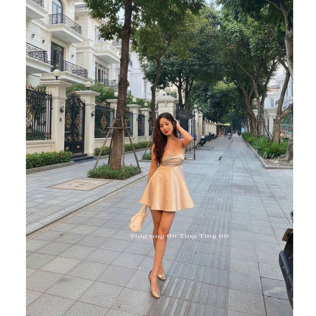 Váy Lụa Xếp Ly Ôm Ngực Xòe Cột Dây Sau Lưng, Khóa Kéo Bên Hông