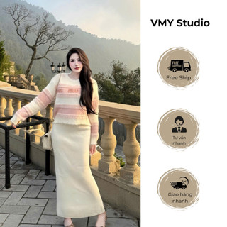 VMY Studio - Áo len kẻ hồng MIUMIU dài tay QCCC xinh xắn, áo len cardigan cổ tim dài tay phong cách Hàn Quốc