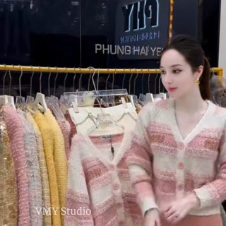 VMY Studio - Áo len kẻ hồng MIUMIU dài tay QCCC xinh xắn, áo len cardigan cổ tim dài tay phong cách Hàn Quốc