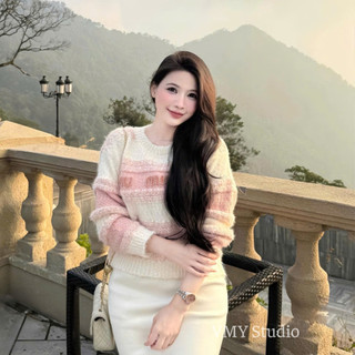 VMY Studio - Áo len kẻ hồng MIUMIU dài tay QCCC xinh xắn, áo len cardigan cổ tim dài tay phong cách Hàn Quốc