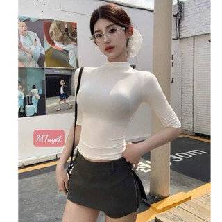 QCL1 6795 Áo thun trơn cổ leo tay lỡ dáng croptop form ôm chất đẹp hothit