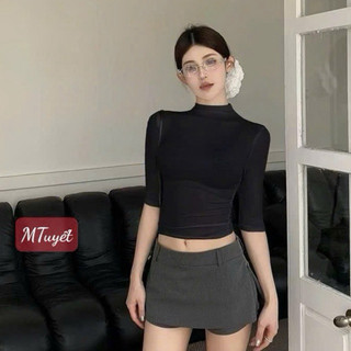 QCL1 6795 Áo thun trơn cổ leo tay lỡ dáng croptop form ôm chất đẹp hothit