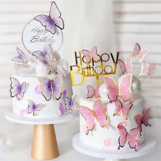 Phụ Kiện Bánh Sinh Nhật- 10 SET que cắm hình bướm nhũ ánh kim màu tím, hồng siêu đẹp