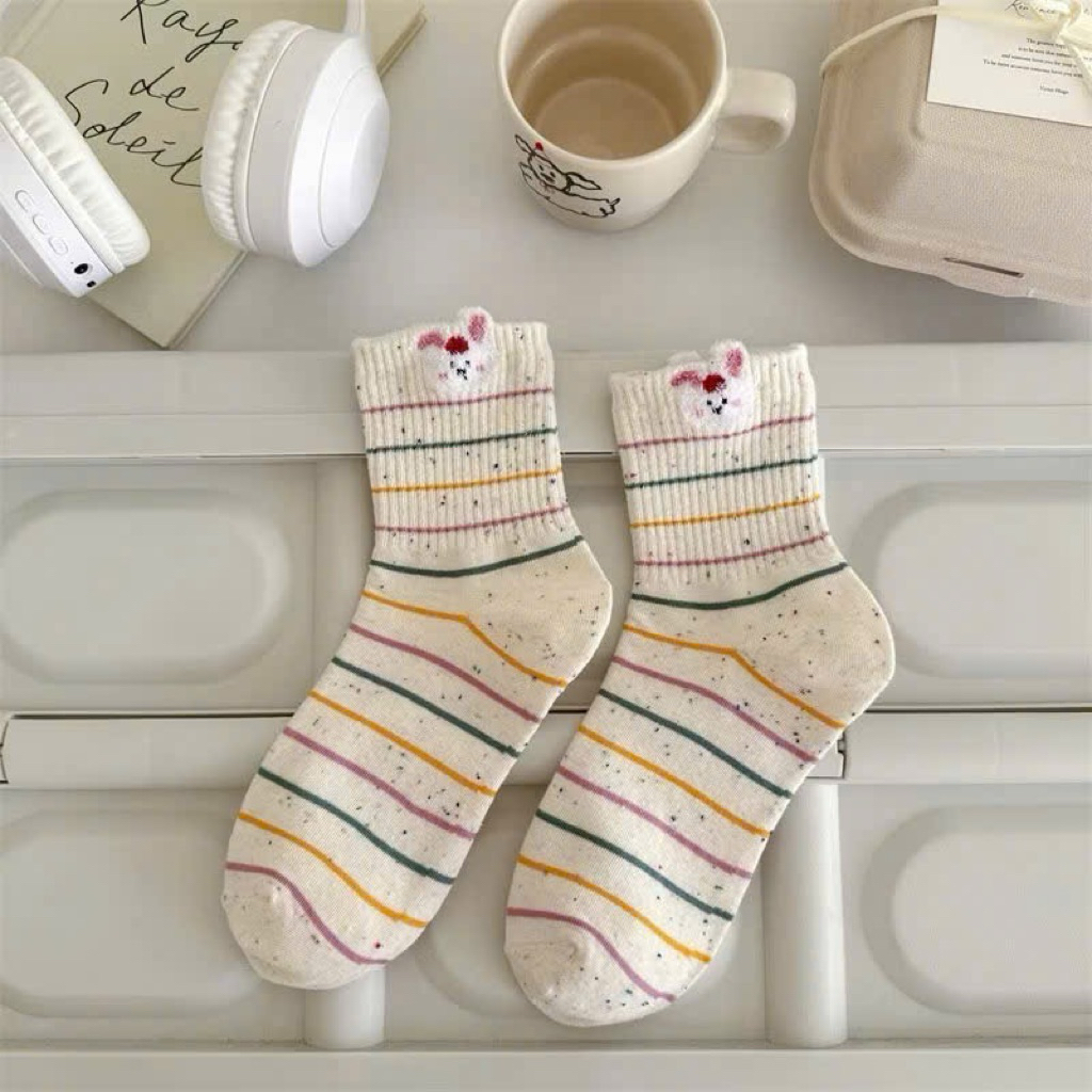 Tất Vớ Nữ Cổ Cao Họa Tiết Hoạt Hình Dễ Thương – Vớ Cotton Mềm Thoáng, Co Giãn Tốt, Phong Cách Hàn Quốc
