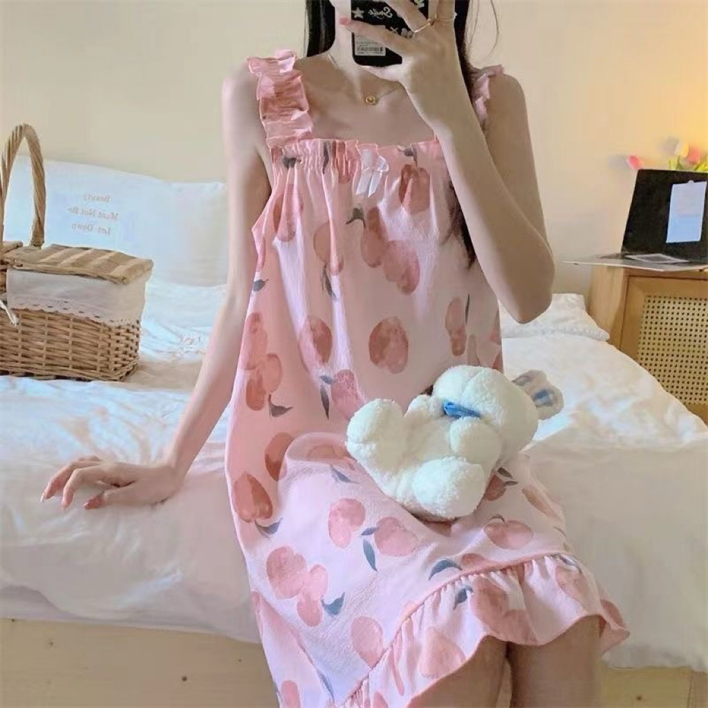 Váy Hai Dây Hoa Nhí Cotton Xô – Váy Ngủ Babydoll Nữ Dáng Suông Rộng Mặc Mát Mỏng Nhẹ