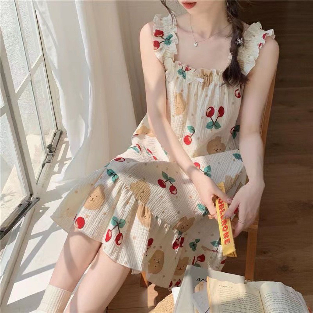Váy Hai Dây Hoa Nhí Cotton Xô – Váy Ngủ Babydoll Nữ Dáng Suông Rộng Mặc Mát Mỏng Nhẹ