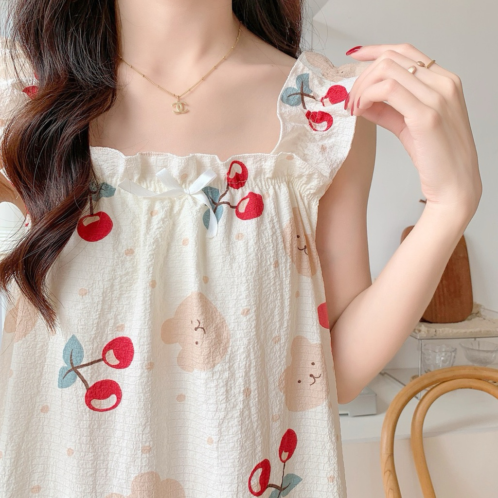 Váy Hai Dây Hoa Nhí Cotton Xô – Váy Ngủ Babydoll Nữ Dáng Suông Rộng Mặc Mát Mỏng Nhẹ