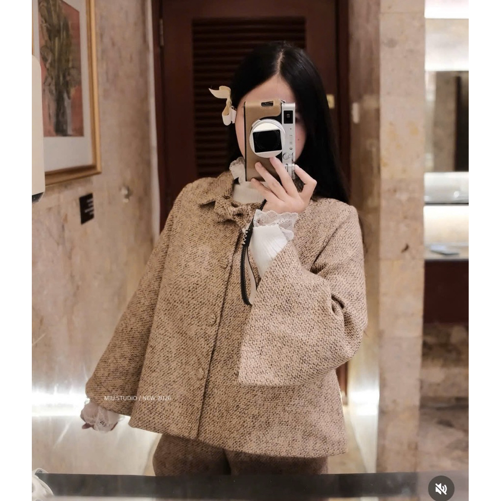 “Mara Set” Set Áo khoác dạ TK tay lỡ xoè cổ bẻ phối nơ đính khuy bọc kèm quần sooc ngắn phong cách Hàn Quốc tiểu thư