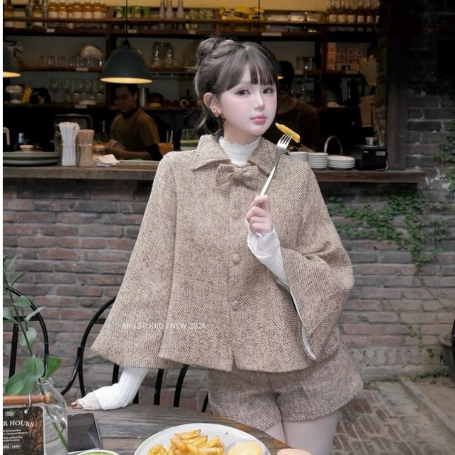 “Mara Set” Set Áo khoác dạ TK tay lỡ xoè cổ bẻ phối nơ đính khuy bọc kèm quần sooc ngắn phong cách Hàn Quốc tiểu thư
