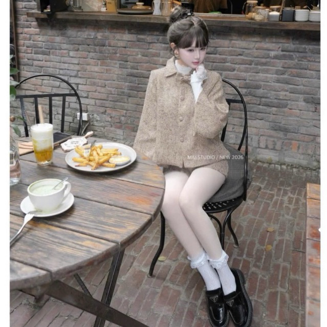 “Mara Set” Set Áo khoác dạ TK tay lỡ xoè cổ bẻ phối nơ đính khuy bọc kèm quần sooc ngắn phong cách Hàn Quốc tiểu thư