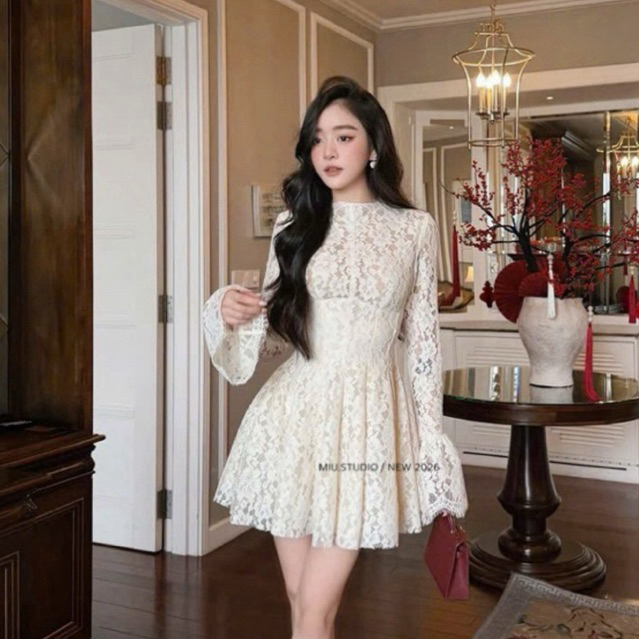 Váy ren hoa tiểu thư thiết kế tay xoè chiết eo tôn dáng, Đầm nữ dài tay dáng ngắn xoè thanh lịch, mặc đi tiệc đi chơi