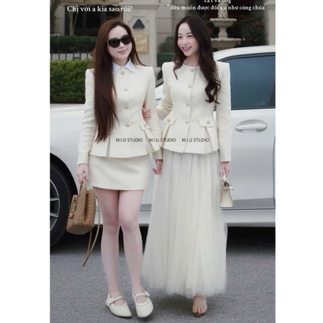 “Mave Set” Set áo khoác dạ tweed trắng kem đính khuy đá + chân váy lưới dáng dài tiểu thư sang chảnh,mặc đi chơi đi tiệc