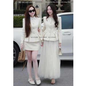 “Mave Set” Set áo khoác dạ tweed trắng kem đính khuy đá + chân váy lưới dáng dài tiểu thư sang chảnh,mặc đi chơi đi tiệc