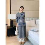 [SẴN - HOẢ TỐC] Set Len Bầu Thu Đông BAOBAO MOM - Áo Họa Tiết Hoa & Chân Váy Dài, Len Dệt Kim Mềm Mịn — ảnh 1