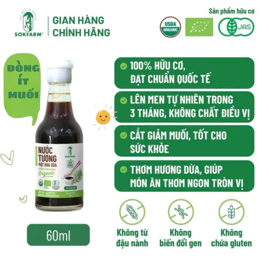 Sokfarm - Nước tương mật hoa dừa organic Sokfarm 60ml - Dòng ít muối