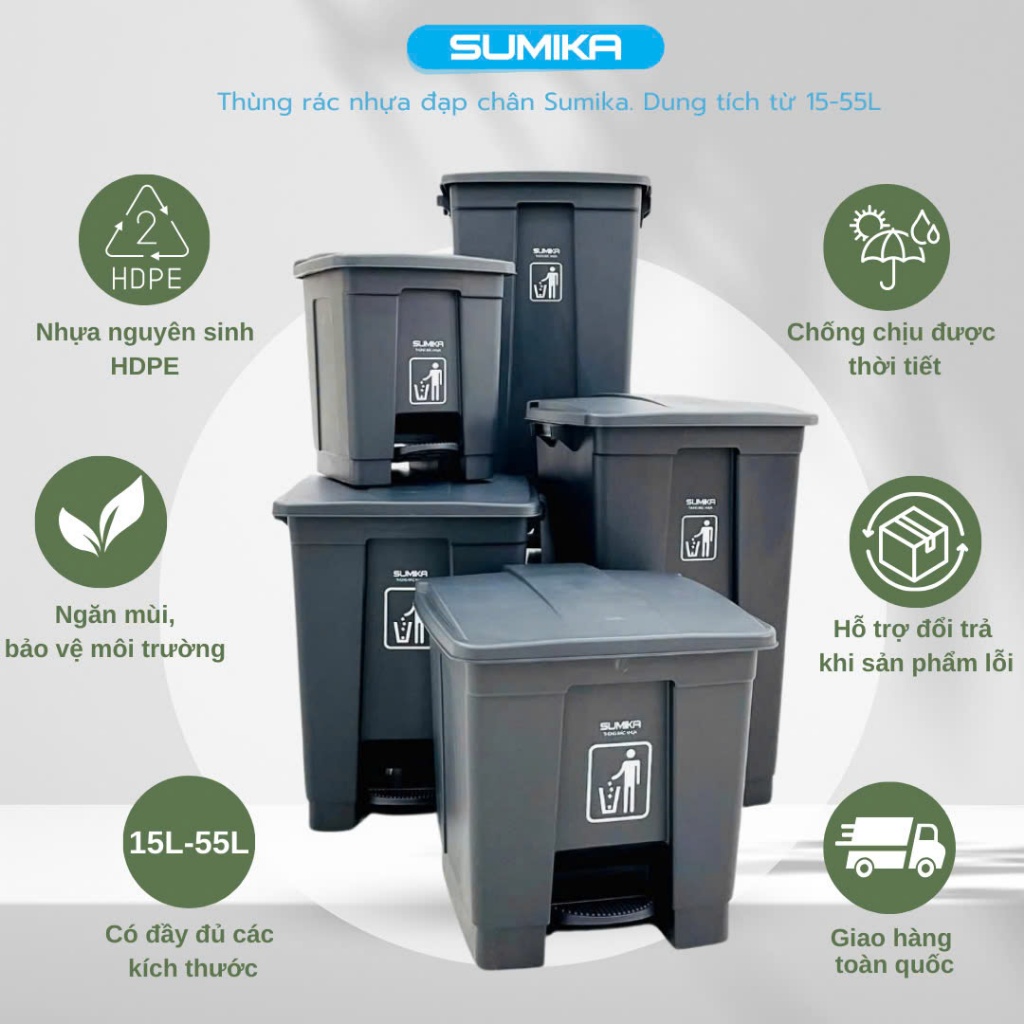 Thùng rác nhựa đạp chân SUMIKA 15L, 25L, 35L, 45L, 55L, có nắp đậy, nhựa cao cấp | BigBuy360 - bigbuy360.vn