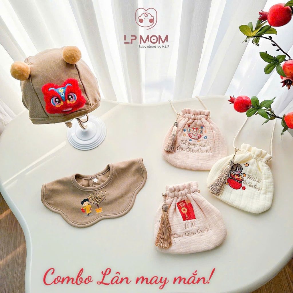 Combo 3 món Mũ -Yếm -túi lì xì con cảm ơn dịp TẾT cho bé 0-2 tuổi cotton mềm mại