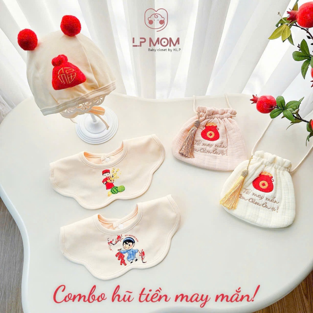 Combo 3 món Mũ -Yếm -túi lì xì con cảm ơn dịp TẾT cho bé 0-2 tuổi cotton mềm mại